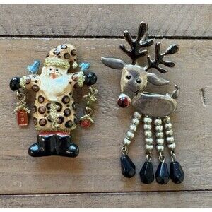 Vintage Father Christmas and Reindeer Brooch Pin Used
